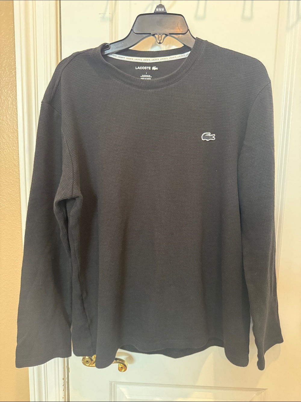 Lacoste Men’s Black Long-Sleeve Waffle Crew with Logo sleepwear